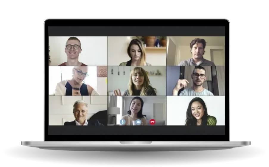 Laptop mostrando um grupo de pessoas em uma chamada de vídeo na tela